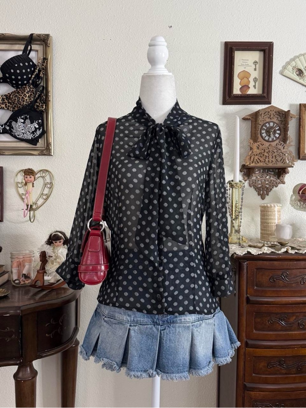 Twee whimsical preppy sheer polkadot top w bow detail and 3/4 length sleeves